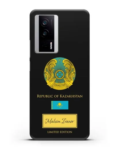 Чехол с гербом и флагом Республики Казахстан с именем, фамилией на английском языке силиконовый для Xiaomi Poco F5 Pro
