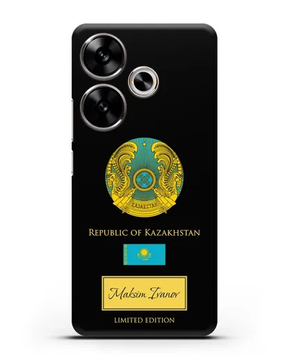 Чехол с гербом и флагом Республики Казахстан с именем, фамилией на английском языке силиконовый для Xiaomi Poco F6