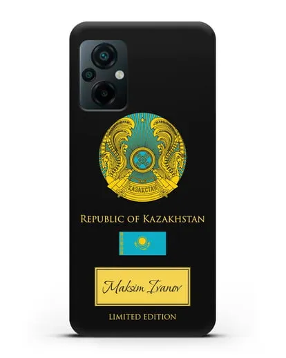 Чехол с гербом и флагом Республики Казахстан с именем, фамилией на английском языке силиконовый для Xiaomi Poco M5