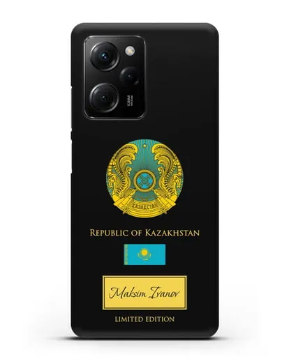 Чехол с гербом и флагом Республики Казахстан с именем, фамилией на английском языке силиконовый для Xiaomi Poco X5 Pro