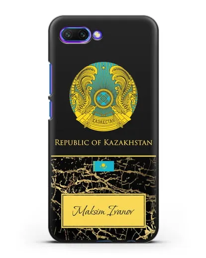 Чехол с гербом и флагом Республики Казахстан с именем, фамилией на английском языке, черный мрамор силиконовый для Honor 10