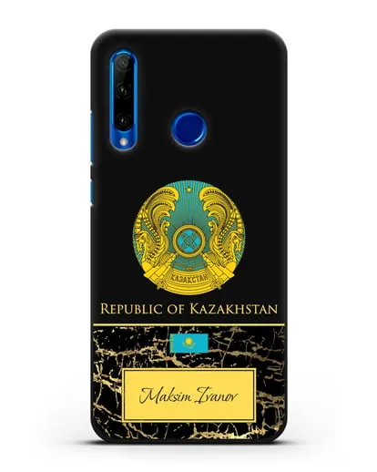 Чехол с гербом и флагом Республики Казахстан с именем, фамилией на английском языке, черный мрамор силиконовый для Honor 10i