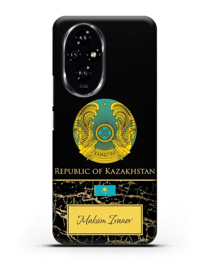 Чехол с гербом и флагом Республики Казахстан с именем, фамилией на английском языке, черный мрамор силиконовый для Honor 200