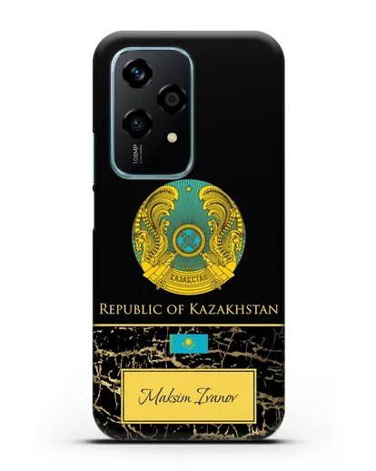 Чехол с гербом и флагом Республики Казахстан с именем, фамилией на английском языке, черный мрамор силиконовый для Honor 200 Lite