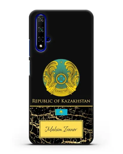 Чехол с гербом и флагом Республики Казахстан с именем, фамилией на английском языке, черный мрамор силиконовый для Honor 20