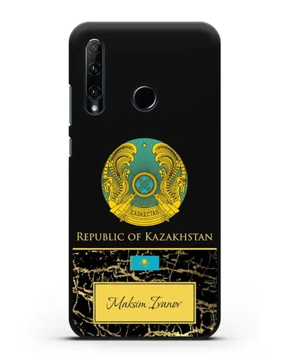 Чехол с гербом и флагом Республики Казахстан с именем, фамилией на английском языке, черный мрамор силиконовый для Honor 20e