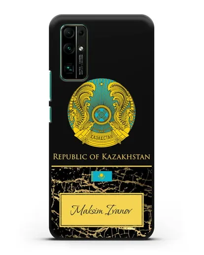 Чехол с гербом и флагом Республики Казахстан с именем, фамилией на английском языке, черный мрамор силиконовый для Honor 30
