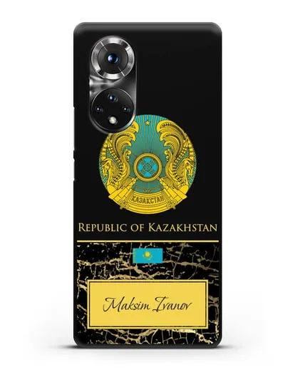 Чехол с гербом и флагом Республики Казахстан с именем, фамилией на английском языке, черный мрамор силиконовый для Honor 50