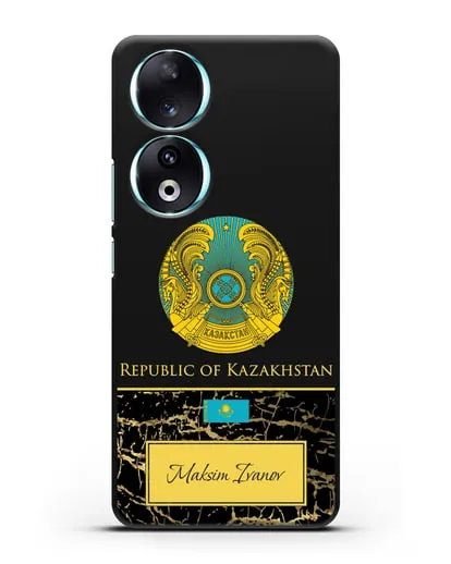 Чехол с гербом и флагом Республики Казахстан с именем, фамилией на английском языке, черный мрамор силиконовый для Honor 90