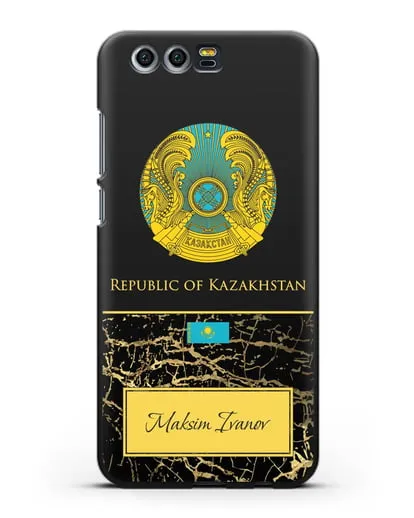 Чехол с гербом и флагом Республики Казахстан с именем, фамилией на английском языке, черный мрамор силиконовый для Honor 9
