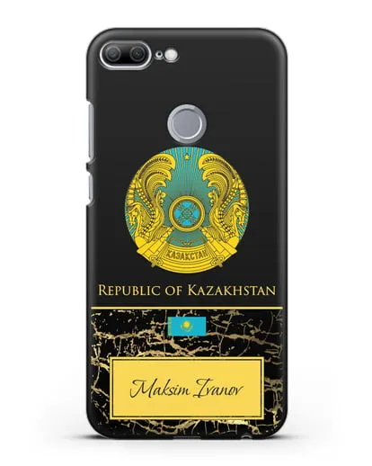 Чехол с гербом и флагом Республики Казахстан с именем, фамилией на английском языке, черный мрамор силиконовый для Honor 9 Lite