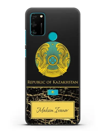 Чехол с гербом и флагом Республики Казахстан с именем, фамилией на английском языке, черный мрамор силиконовый для Honor 9A