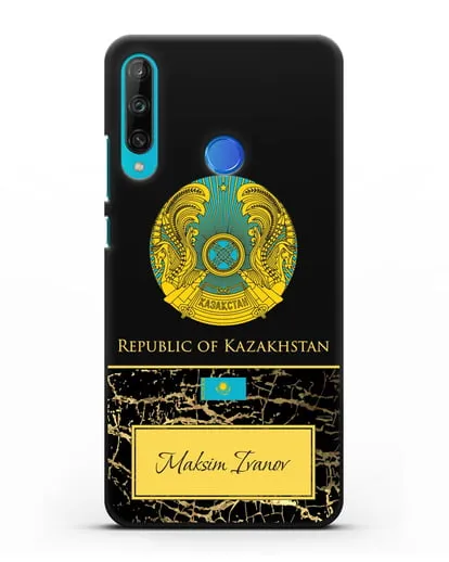 Чехол с гербом и флагом Республики Казахстан с именем, фамилией на английском языке, черный мрамор силиконовый для Honor 9C