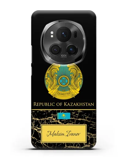 Чехол с гербом и флагом Республики Казахстан с именем, фамилией на английском языке, черный мрамор силиконовый для Honor Magic 6 Pro