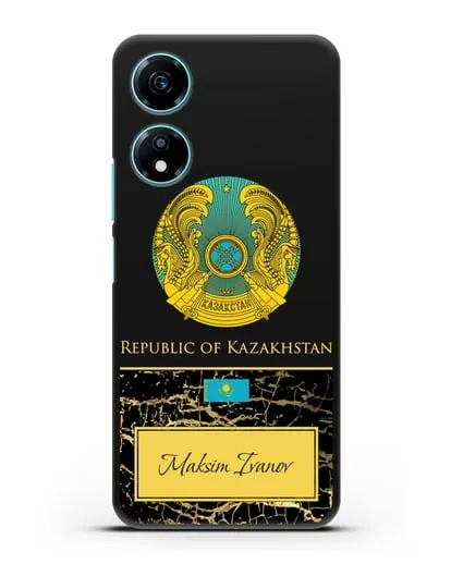 Чехол с гербом и флагом Республики Казахстан с именем, фамилией на английском языке, черный мрамор силиконовый для Honor X5 Plus