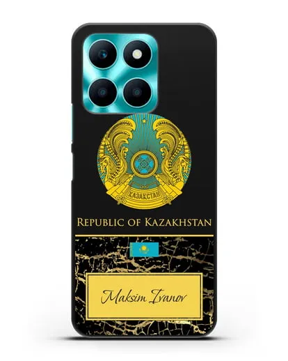 Чехол с гербом и флагом Республики Казахстан с именем, фамилией на английском языке, черный мрамор силиконовый для Honor X6a