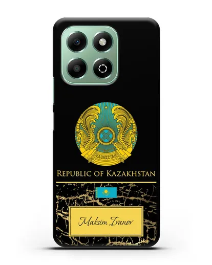 Чехол с гербом и флагом Республики Казахстан с именем, фамилией на английском языке, черный мрамор силиконовый для Honor X6b