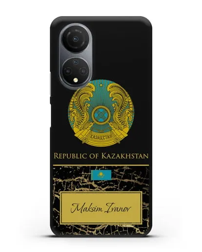 Чехол с гербом и флагом Республики Казахстан с именем, фамилией на английском языке, черный мрамор силиконовый для Honor X7