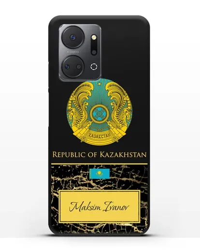 Чехол с гербом и флагом Республики Казахстан с именем, фамилией на английском языке, черный мрамор силиконовый для Honor X7a