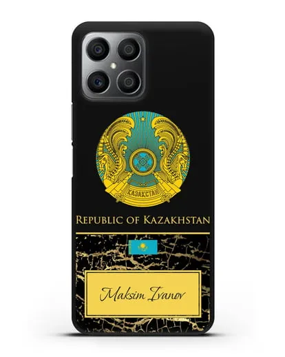 Чехол с гербом и флагом Республики Казахстан с именем, фамилией на английском языке, черный мрамор силиконовый для Honor X8
