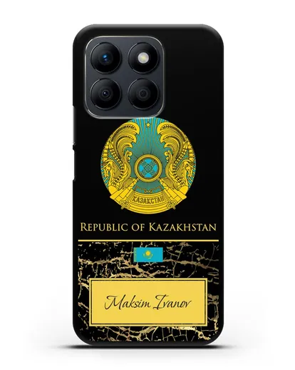 Чехол с гербом и флагом Республики Казахстан с именем, фамилией на английском языке, черный мрамор силиконовый для Honor X8b