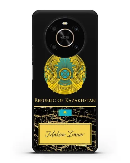 Чехол с гербом и флагом Республики Казахстан с именем, фамилией на английском языке, черный мрамор силиконовый для Honor X9
