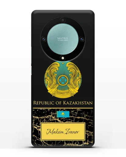Чехол с гербом и флагом Республики Казахстан с именем, фамилией на английском языке, черный мрамор силиконовый для Honor X9a
