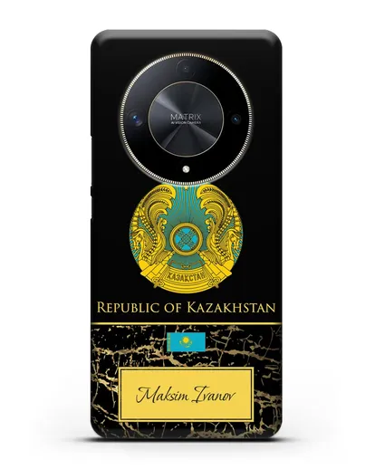 Чехол с гербом и флагом Республики Казахстан с именем, фамилией на английском языке, черный мрамор силиконовый для Honor X9b