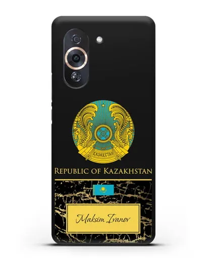 Чехол с гербом и флагом Республики Казахстан с именем, фамилией на английском языке, черный мрамор силиконовый для Huawei Nova 10