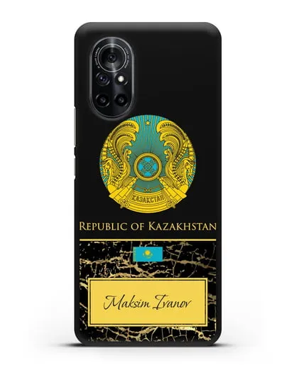 Чехол с гербом и флагом Республики Казахстан с именем, фамилией на английском языке, черный мрамор силиконовый для Huawei Nova 8