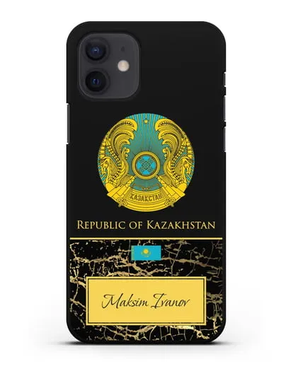 Чехол с гербом и флагом Республики Казахстан с именем, фамилией на английском языке, черный мрамор силиконовый для iPhone 12