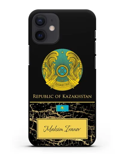 Чехол с гербом и флагом Республики Казахстан с именем, фамилией на английском языке, черный мрамор силиконовый для iPhone 12 mini