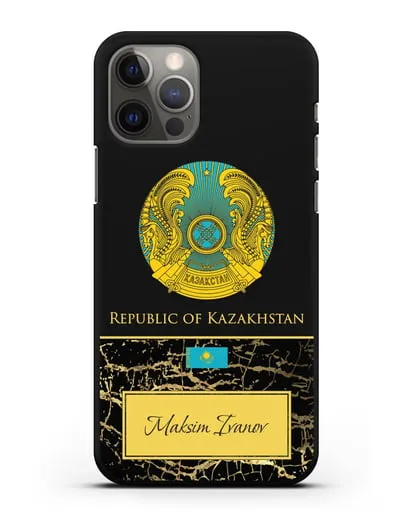Чехол с гербом и флагом Республики Казахстан с именем, фамилией на английском языке, черный мрамор силиконовый для iPhone 12 Pro