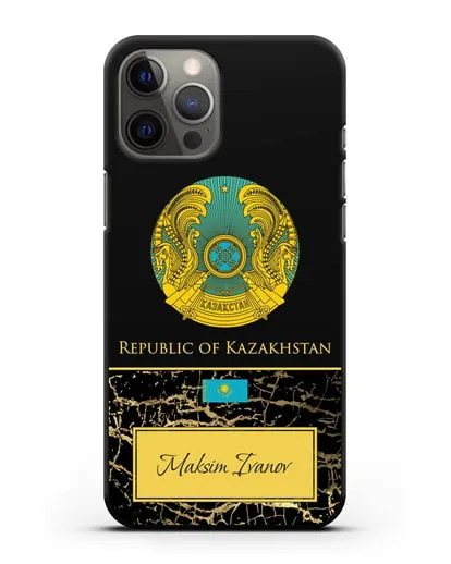 Чехол с гербом и флагом Республики Казахстан с именем, фамилией на английском языке, черный мрамор силиконовый для iPhone 12 Pro Max