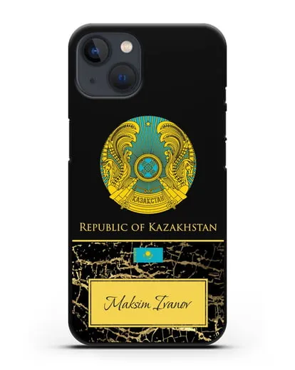 Чехол с гербом и флагом Республики Казахстан с именем, фамилией на английском языке, черный мрамор силиконовый для iPhone 13