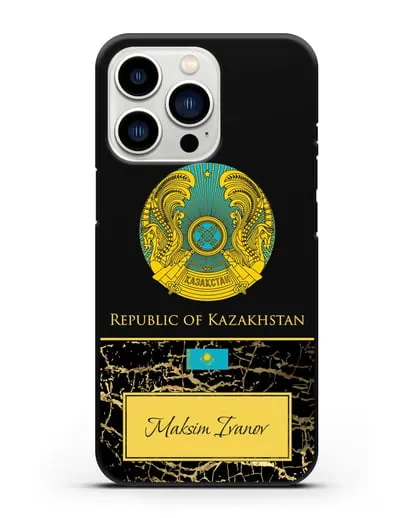 Чехол с гербом и флагом Республики Казахстан с именем, фамилией на английском языке, черный мрамор силиконовый для iPhone 13 Pro