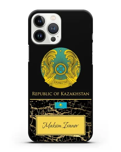 Чехол с гербом и флагом Республики Казахстан с именем, фамилией на английском языке, черный мрамор силиконовый для iPhone 13 Pro Max