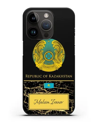 Чехол с гербом и флагом Республики Казахстан с именем, фамилией на английском языке, черный мрамор силиконовый для iPhone 14 Pro