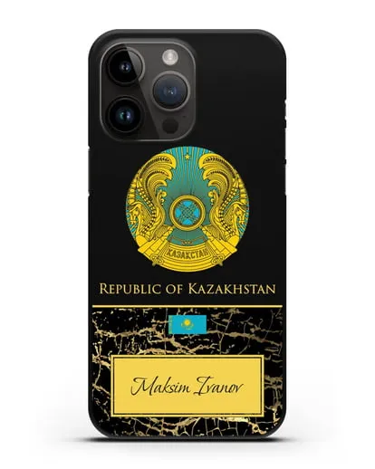 Чехол с гербом и флагом Республики Казахстан с именем, фамилией на английском языке, черный мрамор силиконовый для iPhone 14 Pro Max
