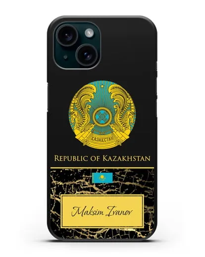 Чехол с гербом и флагом Республики Казахстан с именем, фамилией на английском языке, черный мрамор силиконовый для iPhone 15