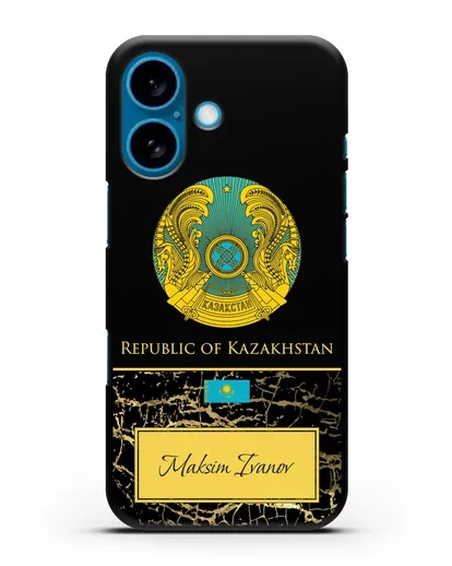 Чехол с гербом и флагом Республики Казахстан с именем, фамилией на английском языке, черный мрамор силиконовый для iPhone 16