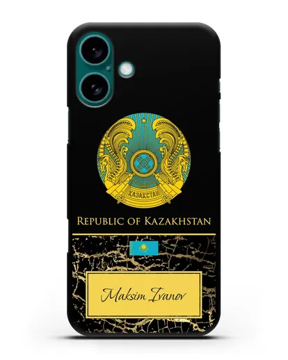 Чехол с гербом и флагом Республики Казахстан с именем, фамилией на английском языке, черный мрамор силиконовый для iPhone 16 Plus