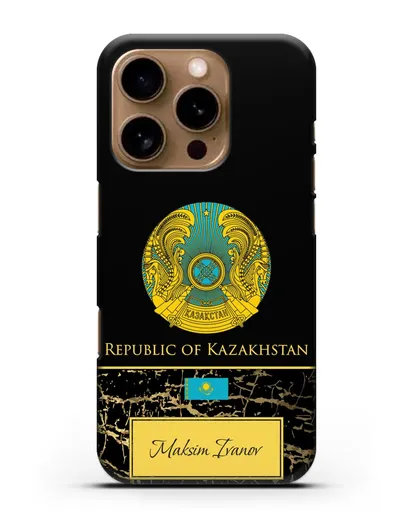 Чехол с гербом и флагом Республики Казахстан с именем, фамилией на английском языке, черный мрамор силиконовый для iPhone 16 Pro