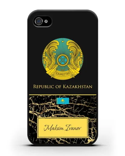 Чехол с гербом и флагом Республики Казахстан с именем, фамилией на английском языке, черный мрамор силиконовый для iPhone 4/4s