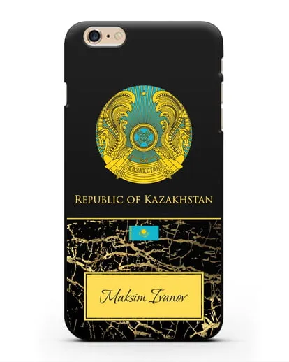 Чехол с гербом и флагом Республики Казахстан с именем, фамилией на английском языке, черный мрамор силиконовый для iPhone 6 Plus