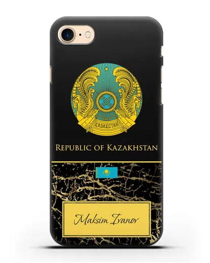 Чехол с гербом и флагом Республики Казахстан с именем, фамилией на английском языке, черный мрамор силиконовый для iPhone 8