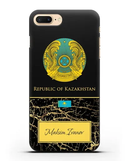 Чехол с гербом и флагом Республики Казахстан с именем, фамилией на английском языке, черный мрамор силиконовый для iPhone 7 Plus