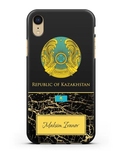 Чехол с гербом и флагом Республики Казахстан с именем, фамилией на английском языке, черный мрамор силиконовый для iPhone XR