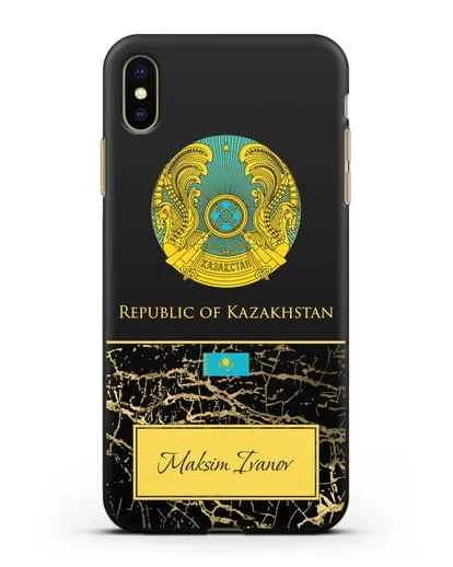 Чехол с гербом и флагом Республики Казахстан с именем, фамилией на английском языке, черный мрамор силиконовый для iPhone XS Max