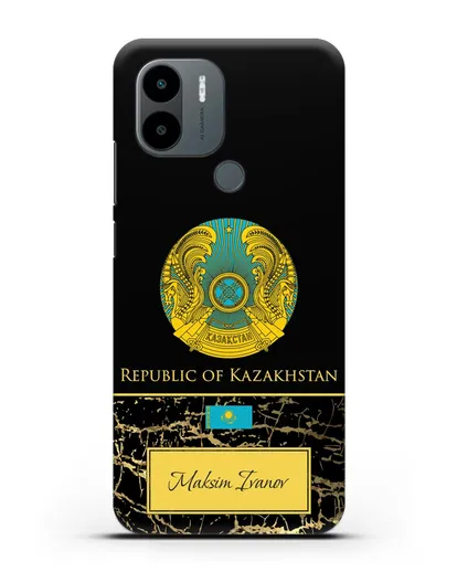 Чехол с гербом и флагом Республики Казахстан с именем, фамилией на английском языке, черный мрамор силиконовый для Xiaomi Poco C51